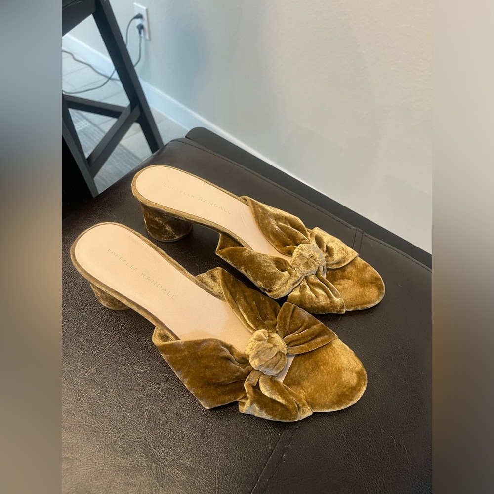 Loeffler Randall Olive Gold Velvet Knot Mules